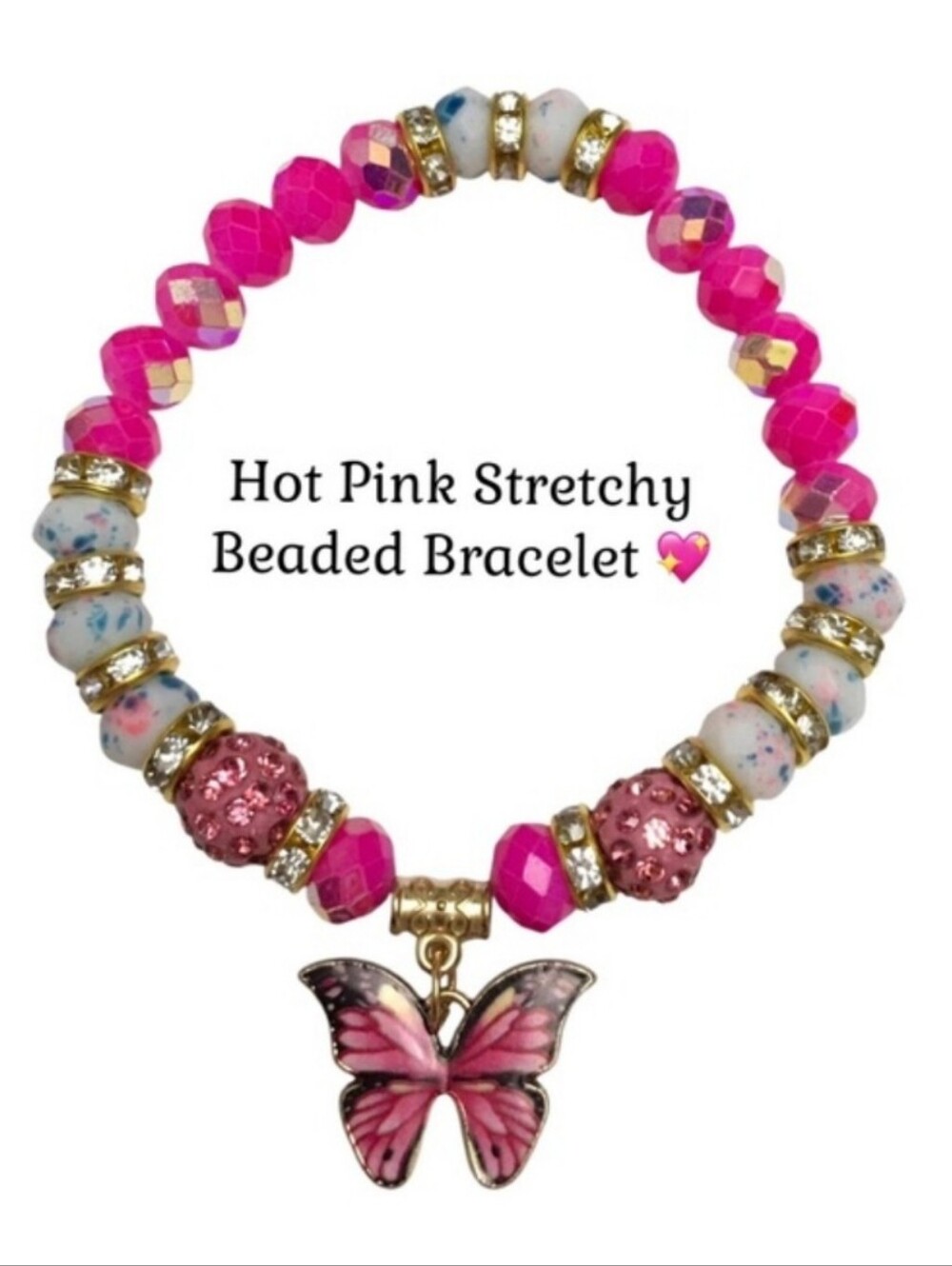 Hot Pink Beaded Bracelet with Butterfly Charm 🦋